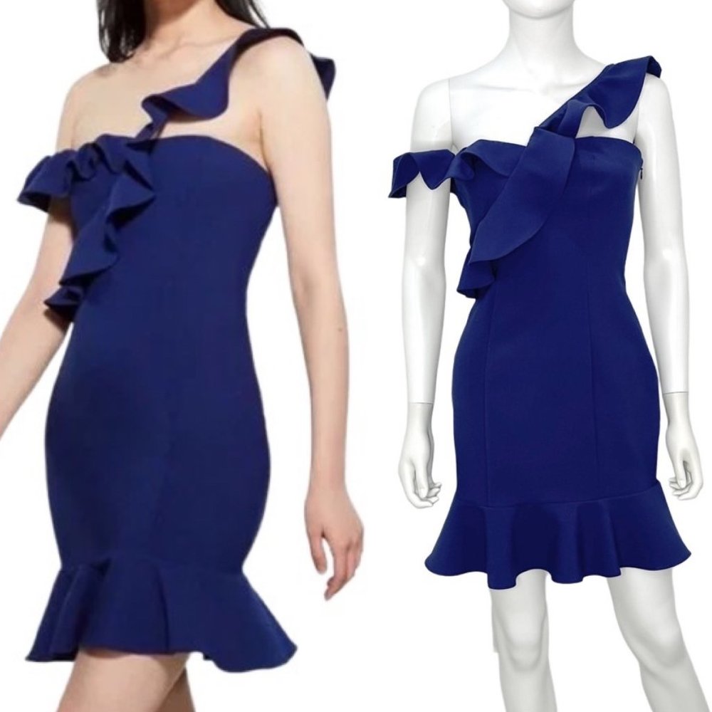 Likely Norvina Ruffle One Shoulder Flounce Mini Dress in Blueprint Blue Size 2